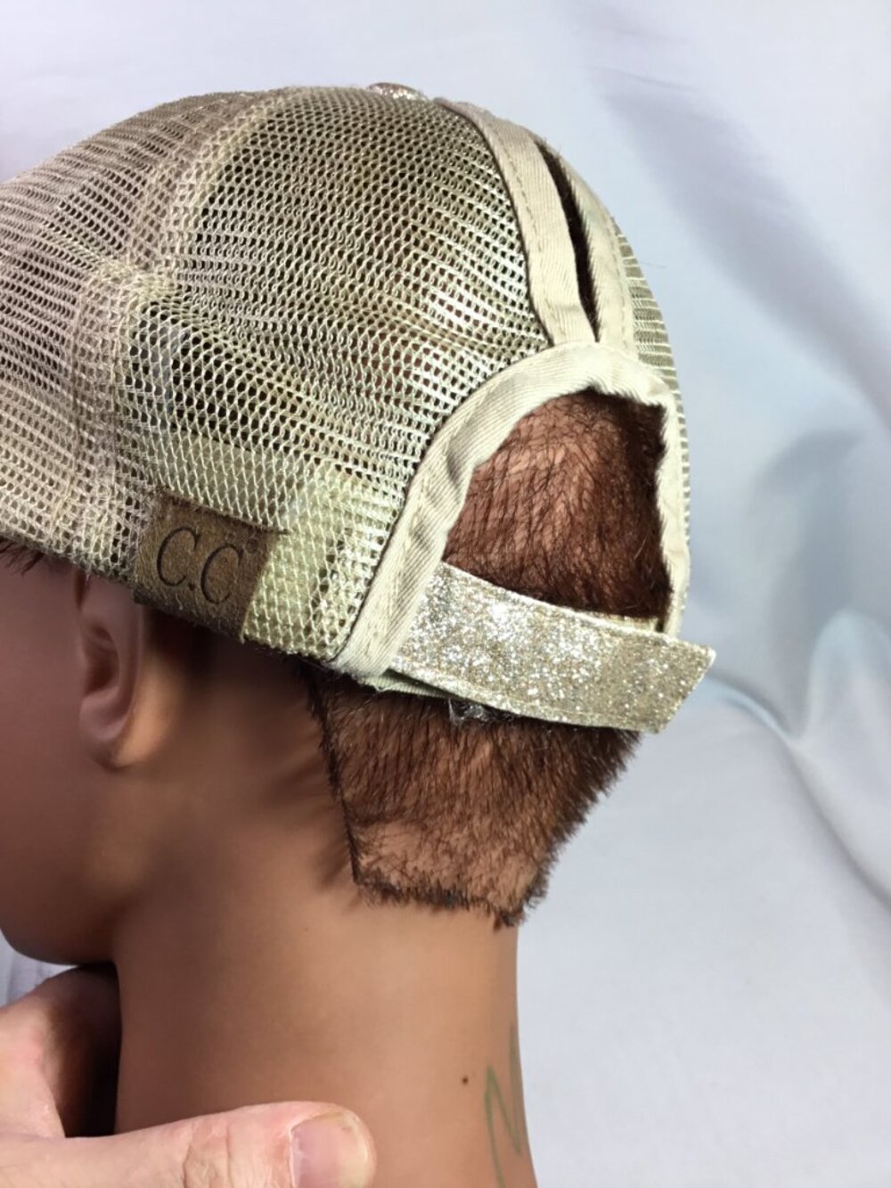 Upcycled LV Patch Distressed Trucker Hat CC Ponytail Cap Bling Gold Sparkle Mesh - Picture 3 of 13